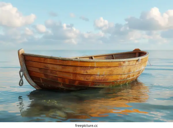Tranquil Escape: Wooden Boat on Calm Water under Cloudy Skies