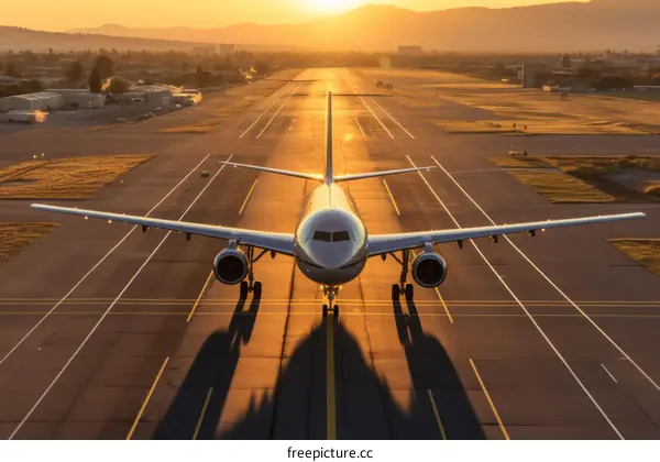 Passenger plane on a runway at sunset