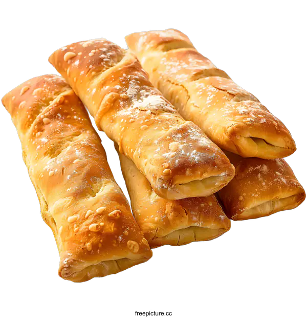 [Transparent Background PNG]Four golden brown breadsticks on a white background