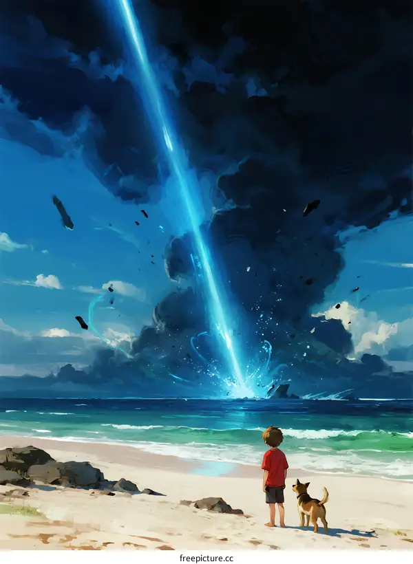 A boy and a dog standing on the beach watching a mysterious blue beam from the sky