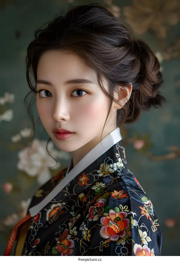 Portrait of a young woman in traditional Korean dress, or Hanbok