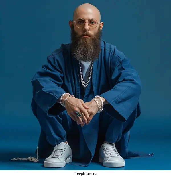 Bearded man with glasses in blue clothing