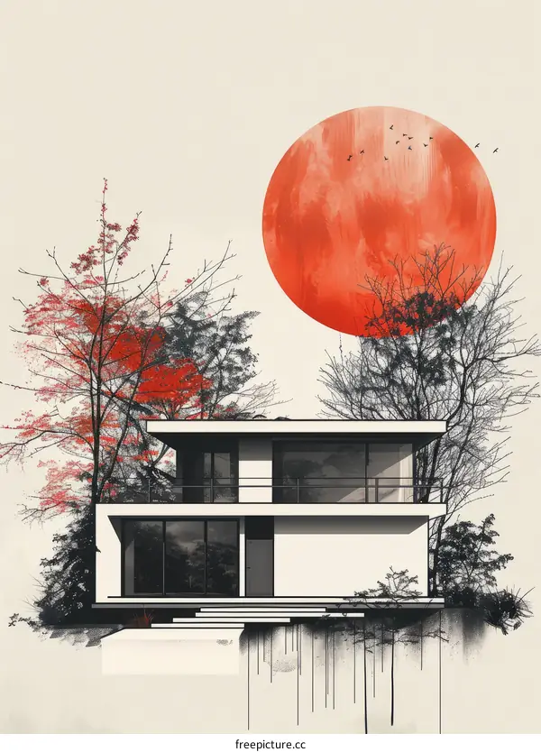 A house in front of a large red moon with leafless trees