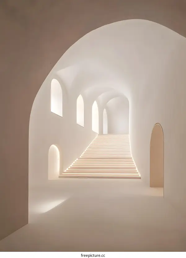 White Minimalist Arched Hallway with Staircase