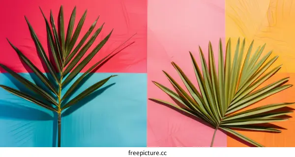 Two Palm Leaves Against Split Complementary Colors