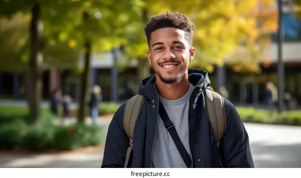 Happy African American male college student on campus