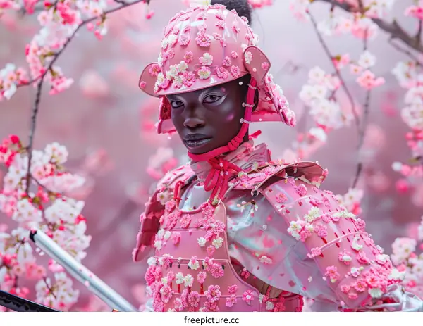 Afrofuturistic Female Samurai with Pink and White Cherry Blossoms