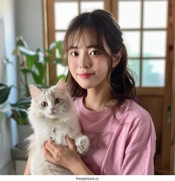 A young woman is holding a cat in her arms. The woman is smiling at the cat.