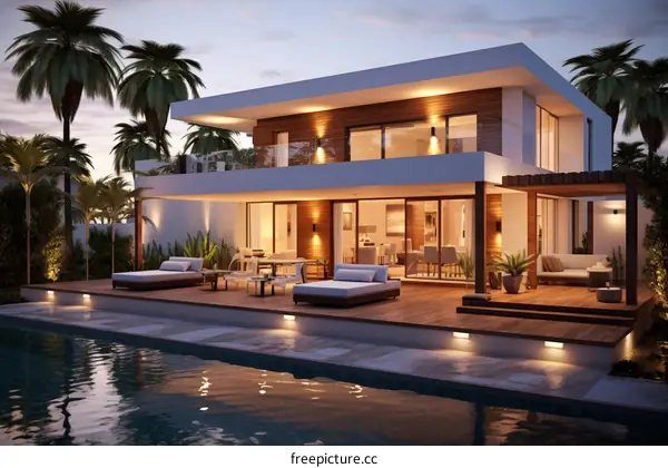 A modern house with a pool and a terrace