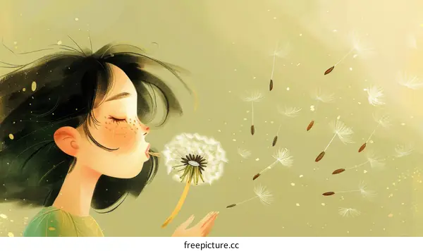 Girl Blowing Dandelion Seeds in Wind