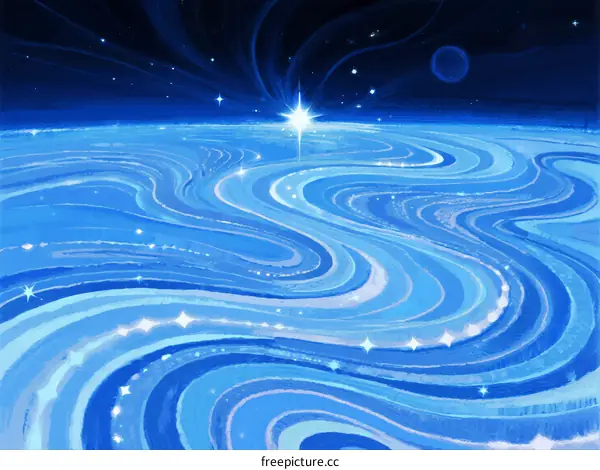 Starry Night Ocean Waves with Swirling Blue Patterns and Stars