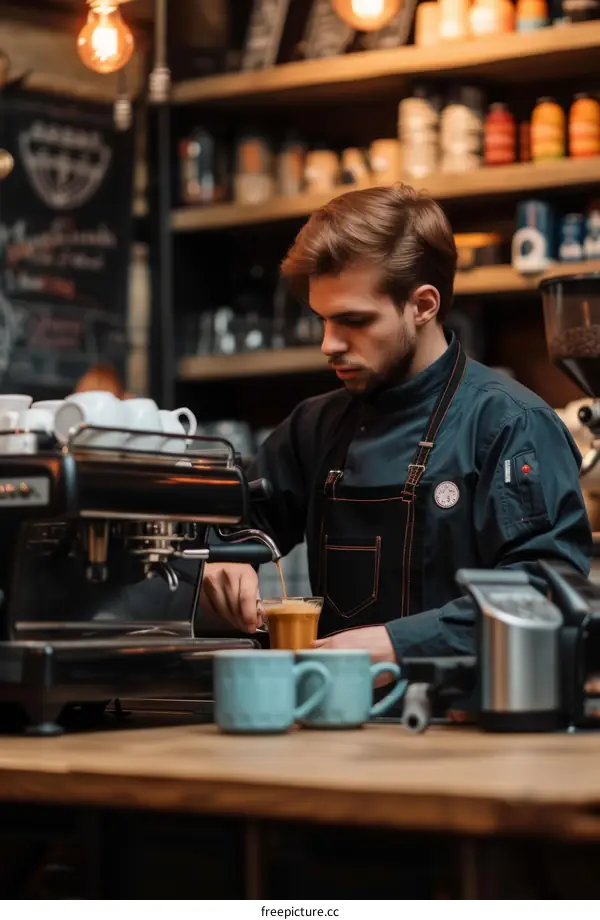 Focused barista making coffee with espresso machine in coffee shop