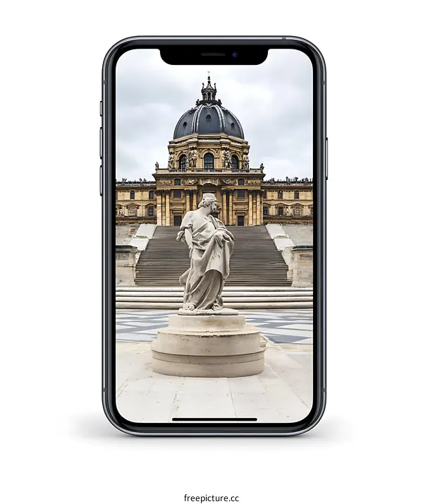 Mobile Phone Screen with a Building and Statue Background