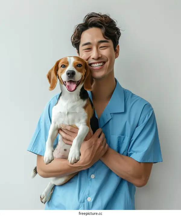 A smiling Asian man holding a beagle puppy