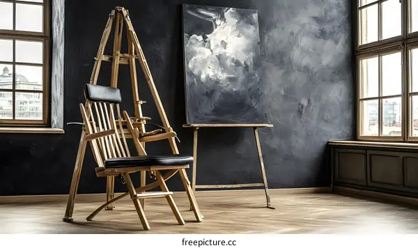 Wooden Chair and Easel in Artist Studio with Large Window