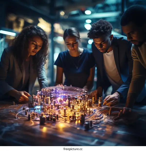 Diverse group of engineers working together on a futuristic technology project.