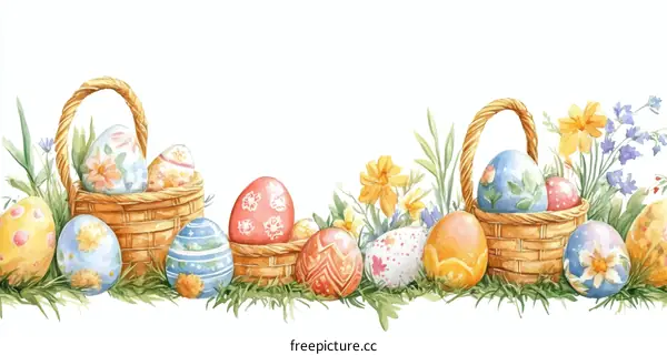 Easter Eggs in Baskets with Flowers
