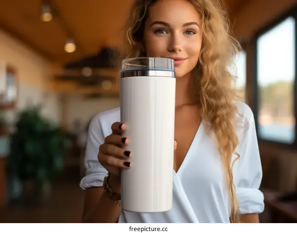 An attractive young woman with long blonde hair holding a white coffee mug