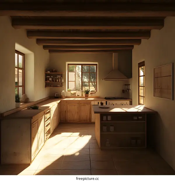 Rustic Kitchen Interior Design With Wooden Cabinets and Beams