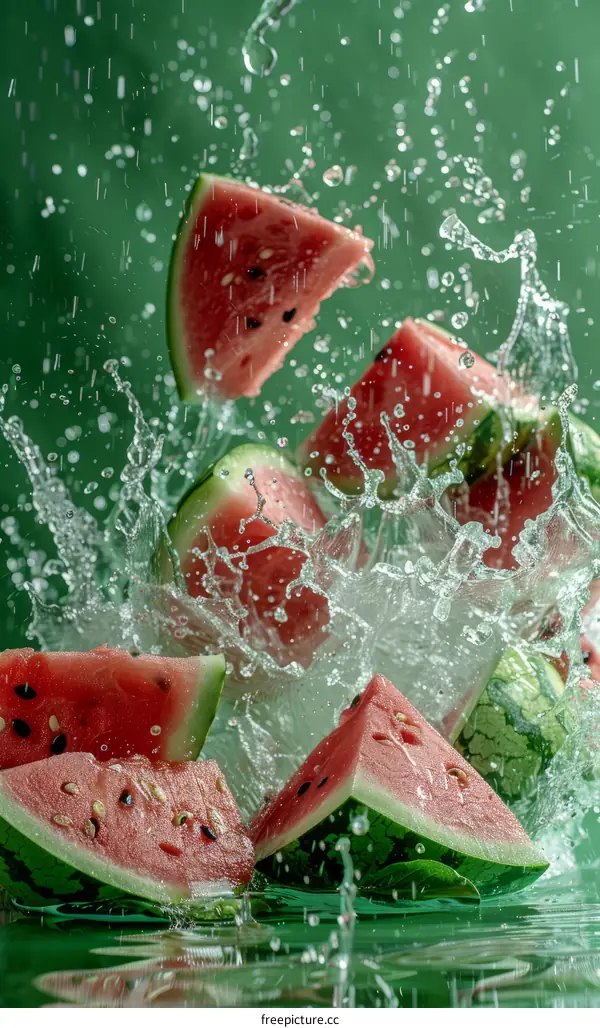 Watermelon slices falling into water with a splash