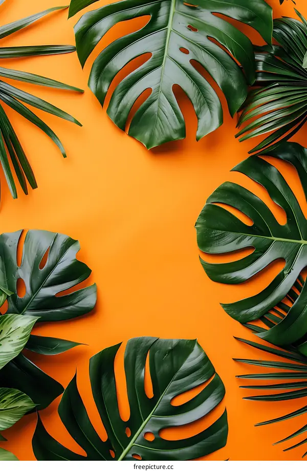 Tropical Leaves on Orange Background