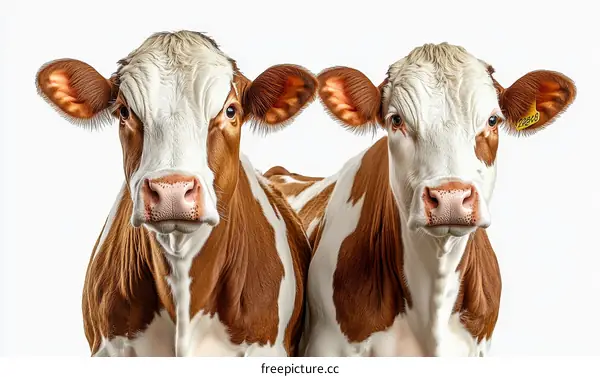 Two Cows Portrait Close-up on White Background