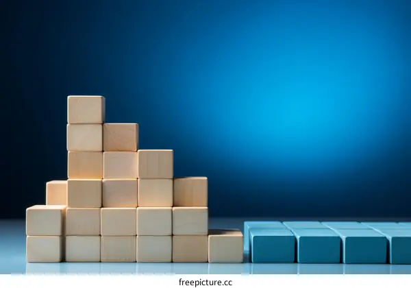 Wooden blocks of different heights on a blue background