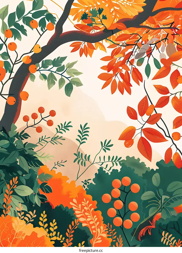 Orange and Green Leaves Autumn Illustration