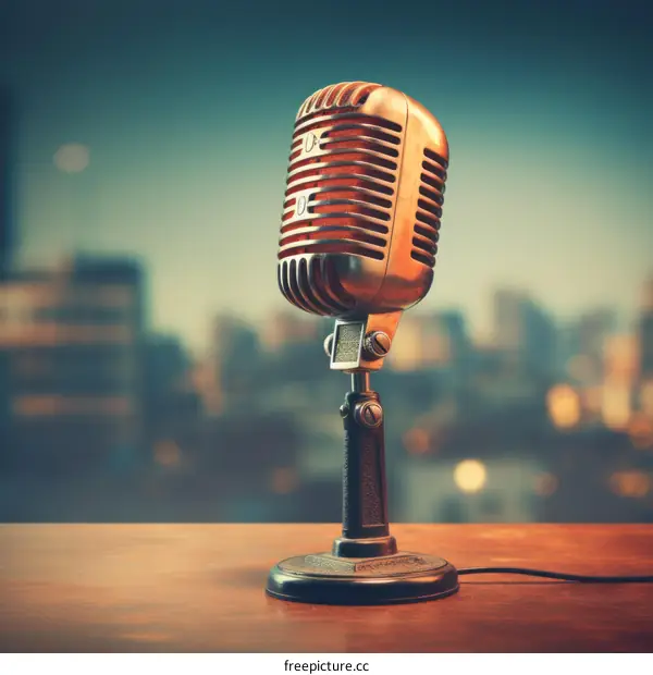 Retro microphone on wooden table with blurred cityscape in background