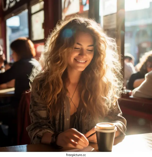 Young woman smiling while writing in her journal at a coffee shop