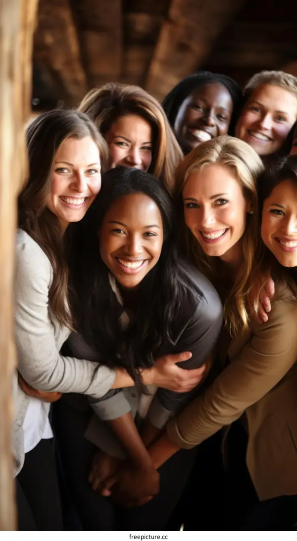 A group of diverse women smiling and embracing
