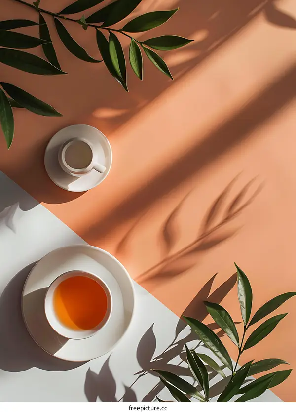 Flat Lay with Tea Cup and Green Leaves on Orange and White Background