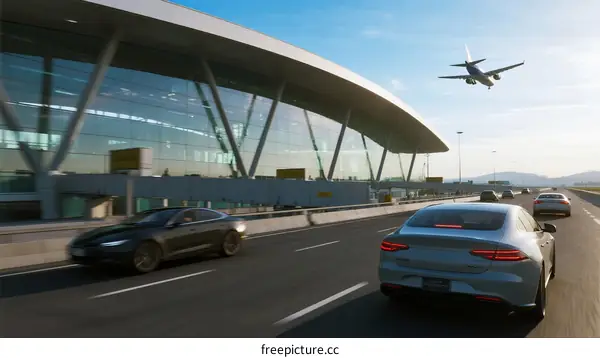 Modern airport terminal with cars and departing airplane
