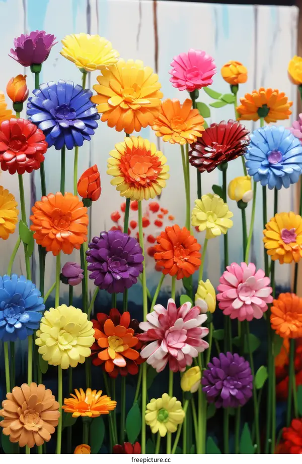 A garden full of colorful flowers with long stems
