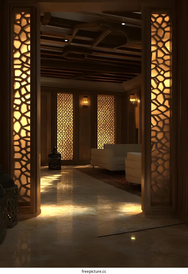 Interior Design with Wooden Panels and Intricate Cutouts