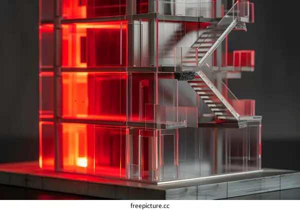 Transparent Building Model with Red Lighting