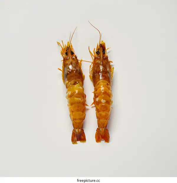 Two Cooked Prawns on White Background
