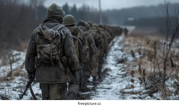 A group of soldiers are walking in the snow