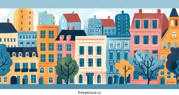 Colorful Cityscape with Buildings and Trees