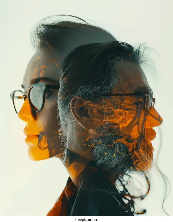 Two People with Glasses looking away from each other with a bright orange background