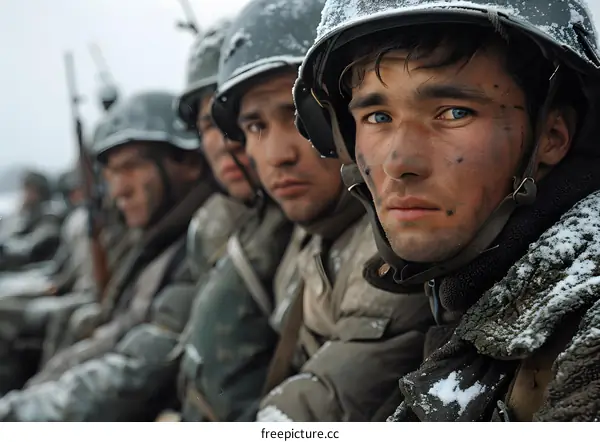 Portrait of a soldier in a helmet during the Korean War