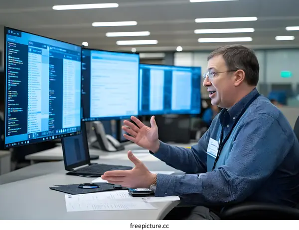 Businessman Talking and Gesturing While Sitting at a Desk
