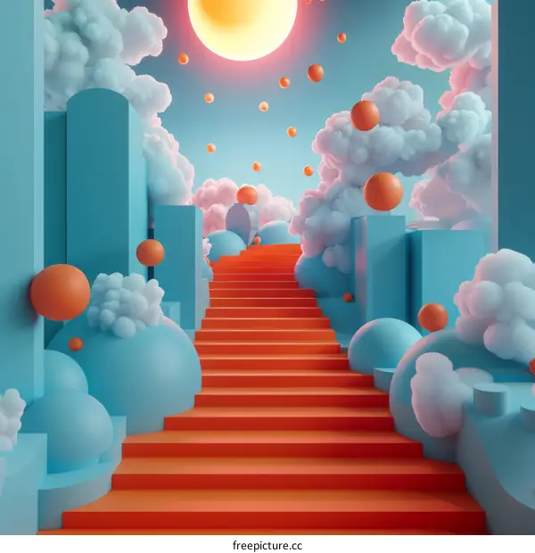 Surreal Stairway to the Sky with Clouds and Geometric Shapes