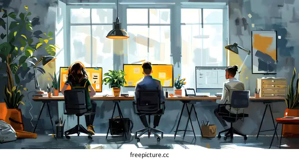 Three people working in an office