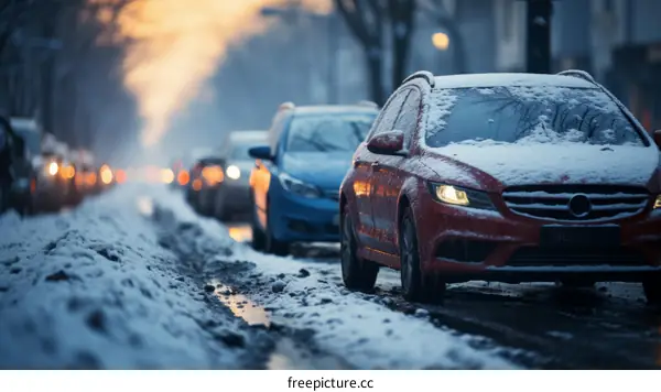 Cars covered in snow on a snowy street in the evening
