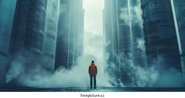 Man standing alone in an industrial area with large pipes emitting smoke
