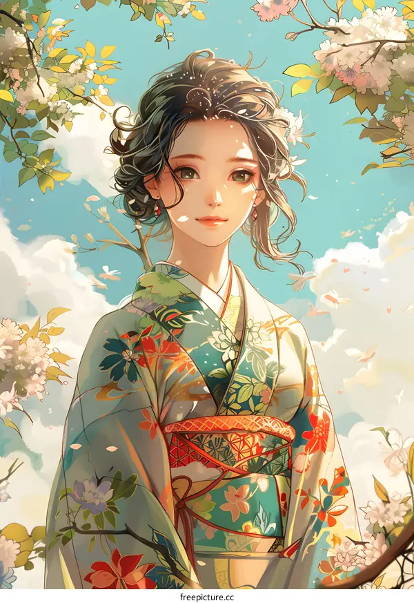 A beautiful Japanese woman in a kimono standing in a field of flowers.