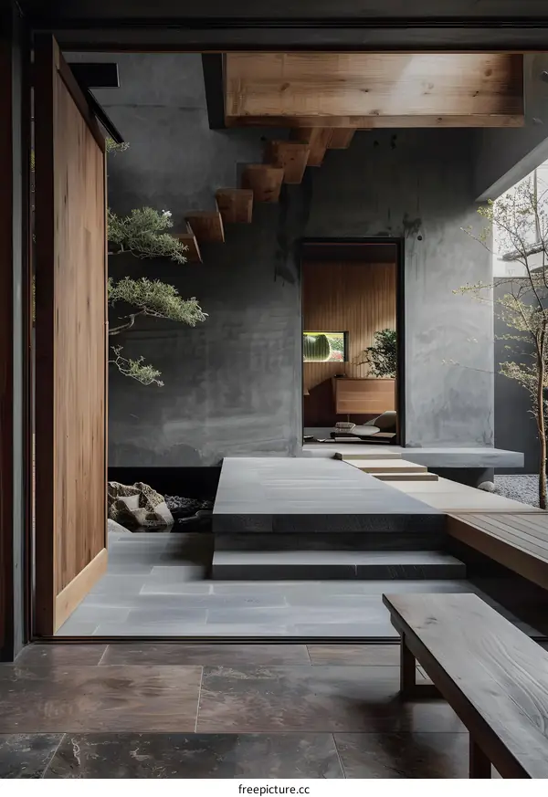 Modern Minimalist Interior Design With Wooden Stairs and Concrete Walls
