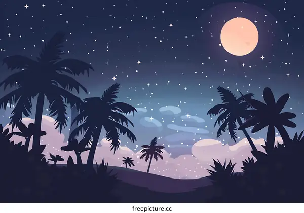 Silhouettes of Palm Trees Under a Starry Night Sky