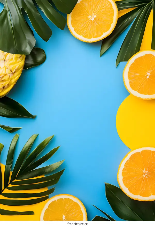 Summer Fruit Background with Tropical Leaves and Oranges